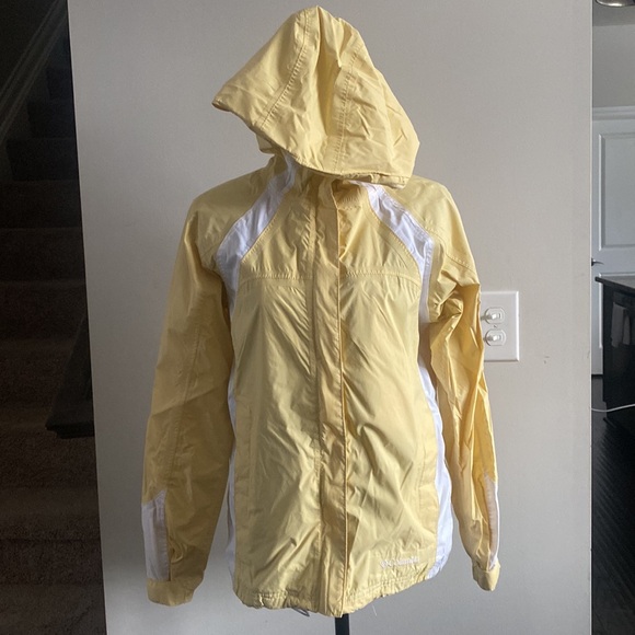 Columbia Omni-Tech Small Waterproof Hooded Yellow & White Zip Up Jacket Coat - Picture 3 of 16